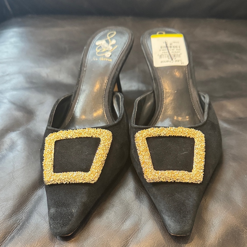 Sam Edelman Black Women's Pointed Mule Heels with Gold Embellishment